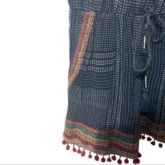 THML Anthropologie Blue Pom Pom Romper W/Embroidery & Pockets - Picture 4 of 8